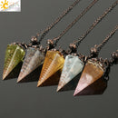 CSJA Reiki Natural Chip Stone Pendulum Antique Copper Chain Hexagon Cone Resin Pendant for Dowsing Divination Wicca Pendule G321