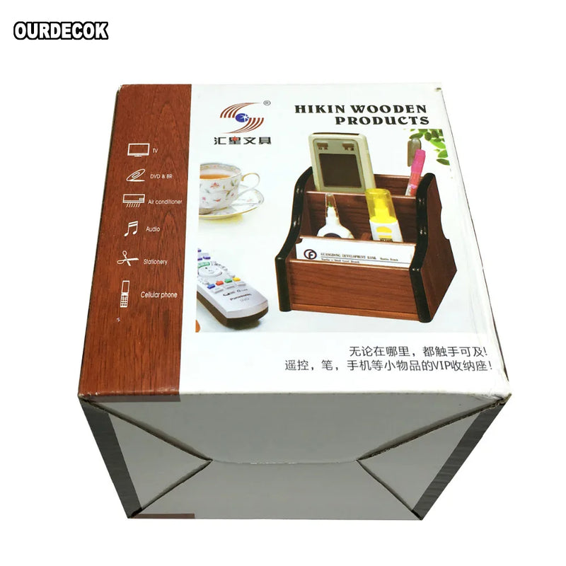 Creative Wood Board Remote Control Storage Box Phone Knife Pen Coffee Table Stand Desktop Board Storage Box Brown