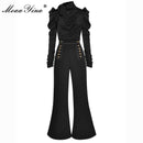 MoaaYina Fashion Designer Set Autumn Women Ruched Long Sleeve Tops+Double breasted bell-bottoms Two-piece set