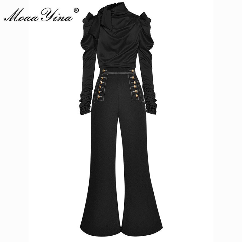 MoaaYina Fashion Designer Set Autumn Women Ruched Long Sleeve Tops+Double breasted bell-bottoms Two-piece set