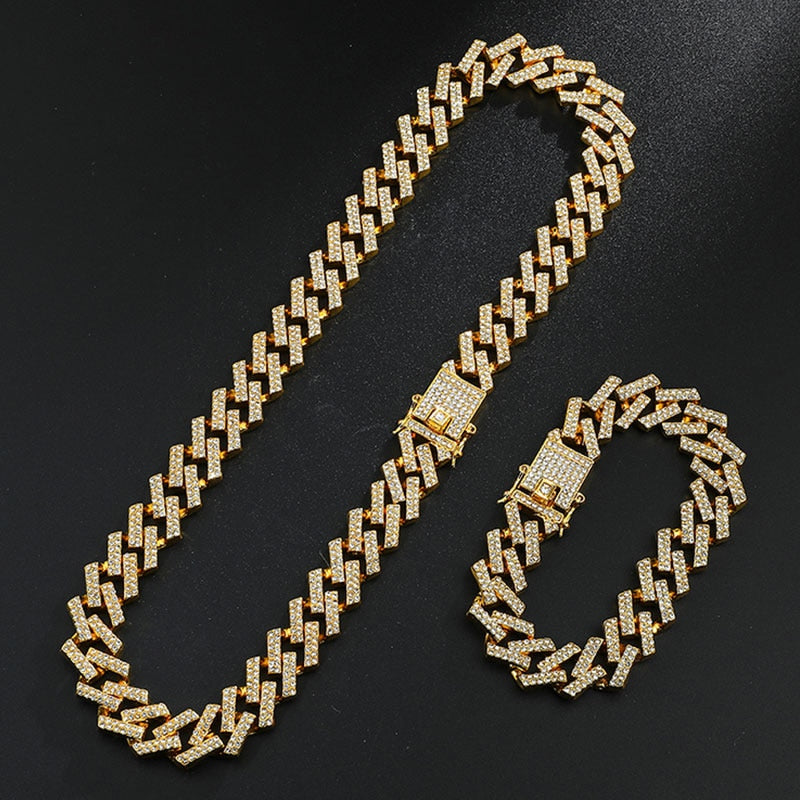 Hip Hop 2PCS/Set Iced Out 15MM Miami Zircon Cuban Chain Rhinestone Necklaces & Bracelets 16/18/20/24/ inch For Men Jewelry