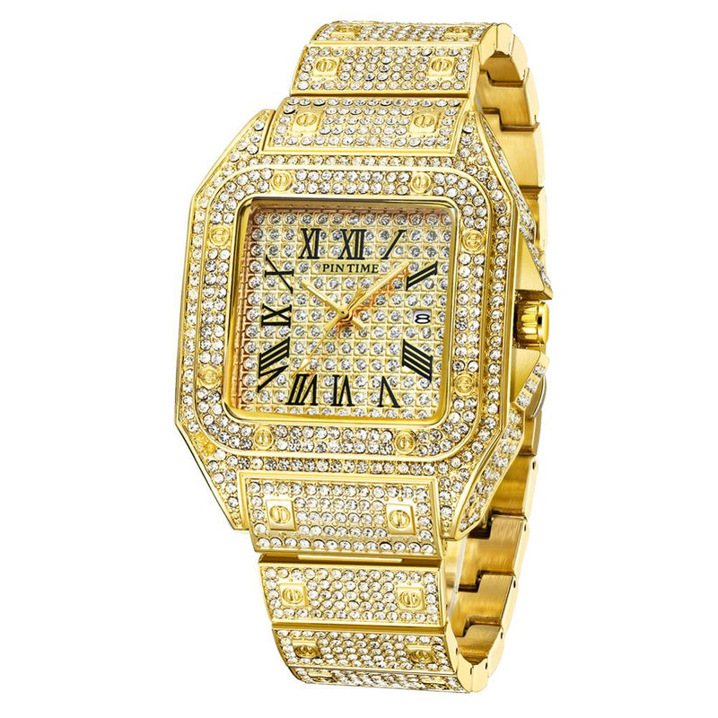 HIP HOP Gold Watch Men Watch Famous Top Brand Luxury Iced Out Male Quartz Watchs Square Diamond Calendar Wristwatch Mens Clock