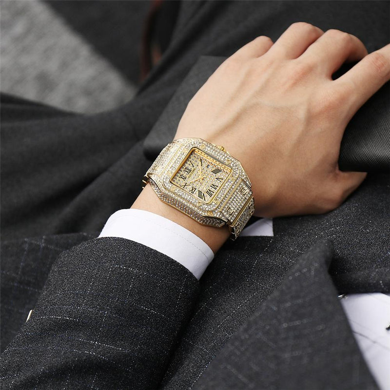 HIP HOP Gold Watch Men Watch Famous Top Brand Luxury Iced Out Male Quartz Watchs Square Diamond Calendar Wristwatch Mens Clock