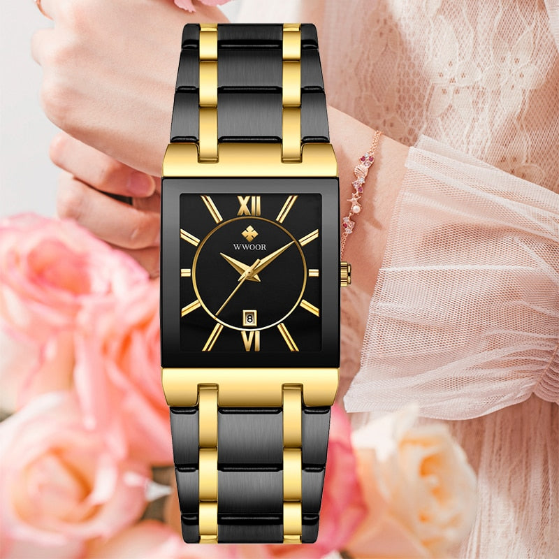 WWOOR Ladies Watch Top Brand Japanese Quartz Watches Square Black Gold Watch Stainless Steel Waterproof Fashion Women Wristwatch