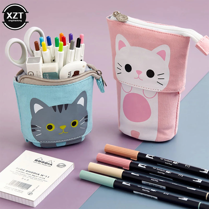 Canvas Cartoon Cute Pencil Bag Retractable Fabric Pencil Case Fold Standing Holder Kawaii Stationery School Supplies Kids Gift