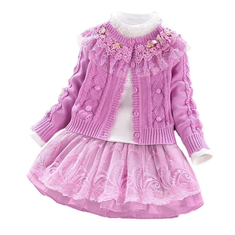 Spring Autumn Girls Sweater Skirt T-shirt 3pcs Clothing Set Children Cotton  Cardigan Lace Princess Outfits Kids Mesh Suit Set