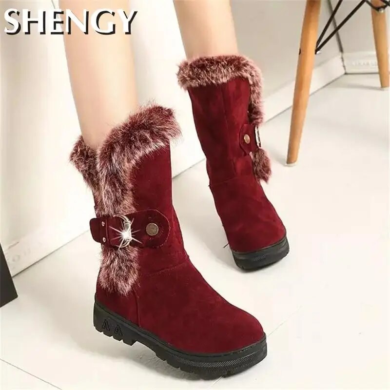 Winter New Women Boots Flock Solid Color Zipper Ladies Snow Shoes Non-Slip Platform Shoes Sweet Mid-Calf Boots for Females