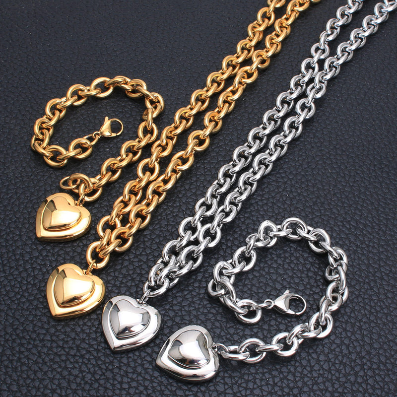 gold color and silver color New Fashion Jewelry Stainless Steel heart Necklaces + bracelets Set for women SBJEGZCH
