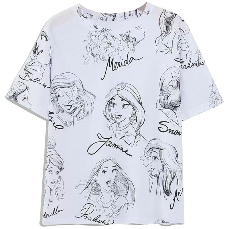 Disney Princess T-Shirt Snow White Cinderella Ariel Belle Cartoon Print Women T-Shirt O-Neck Short Sleeve Cotton Tee Tops Female