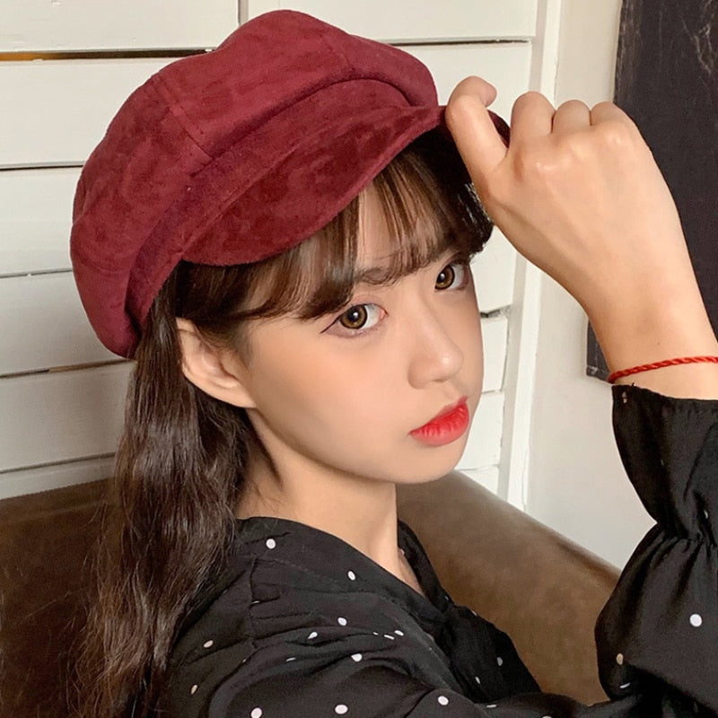 HT2892 Women Hat Retro Octagonal Newsboy Cap Ladies Solid Plain Suede Beret Hat Female Vintage Artist Painter Hat Women Berets