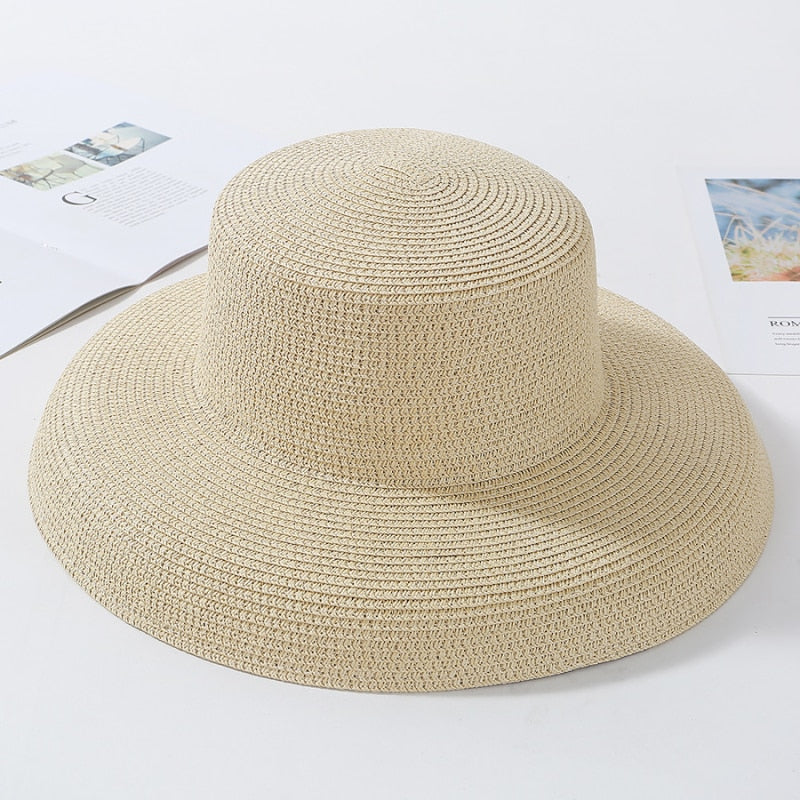 HT2303 2023 New Summer Sun Hats Ladies Solid Plain Elegant Wide Brim Hat Female Round Top Panama Floppy Straw Beach Hat Women