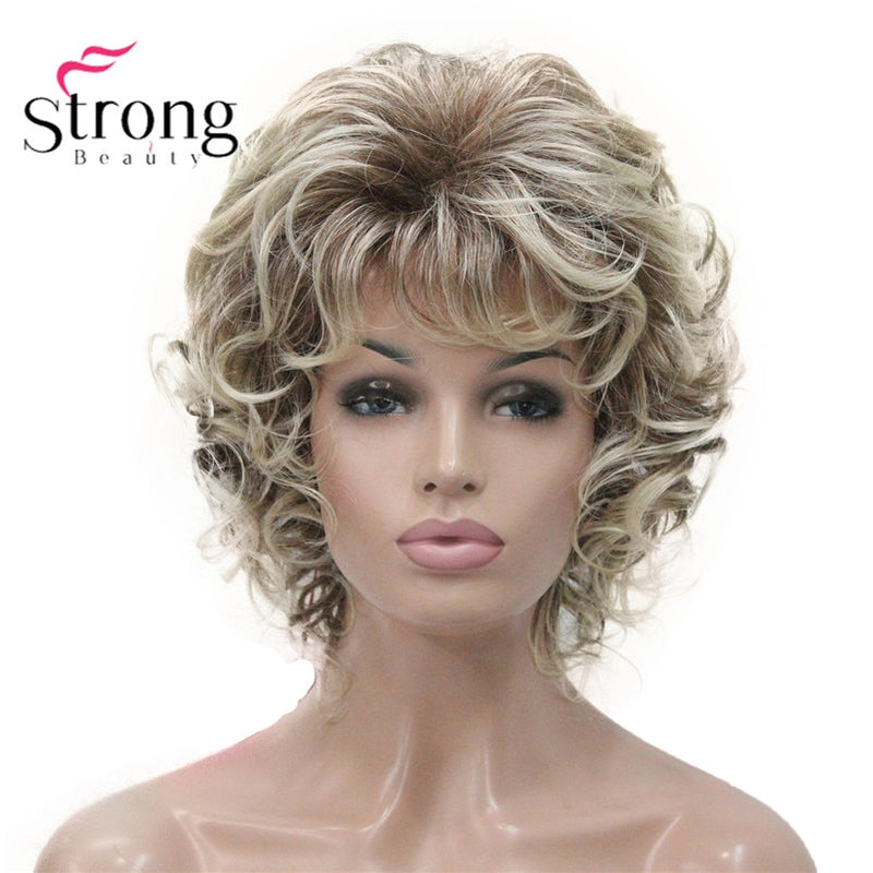 StrongBeauty Short Wig Soft Tousled Curls Blonde Highlights Full Synthetic Wigs COLOUR CHOICES