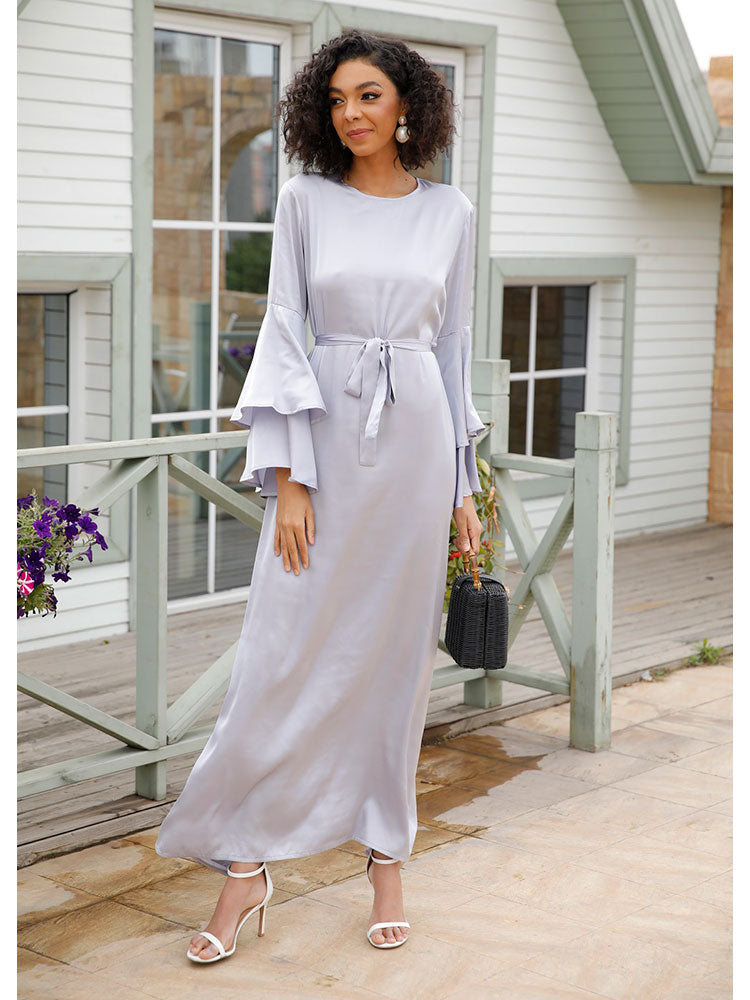 Soft Satin Long Dress Dubai Abaya Women Summer Long Flare Sleeve Belted Hijab Robe Muslim Islam Arab Turkey Clothes Ramadan