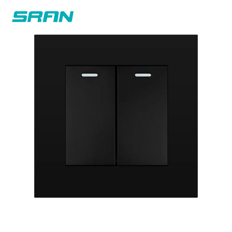 SRAN Wall Light switch 2gang 1/2way 16A 86mm*86mm white/black/gold/gray flame retardant pc panel with  iron plate rocker switch