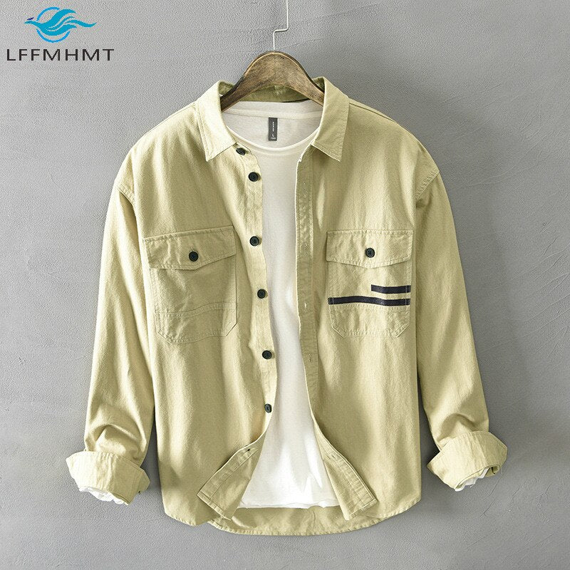 Men Spring Fall Korean Style 100% Cotton Top Quality Shirt Male Casual Loose Long Sleeve Lapel Tops Double Pocket Trendy Outwear