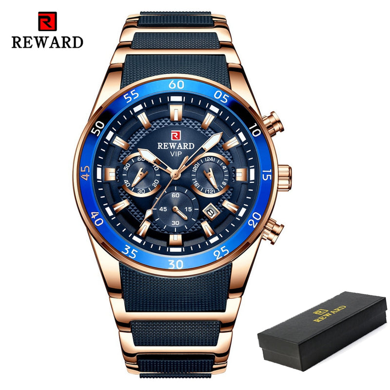 REWARD Brand Mens Watches Luxury Quartz Blue Watch Full Steel Men Chronograph Waterproof Business Wrist Watch Relogio Masculino