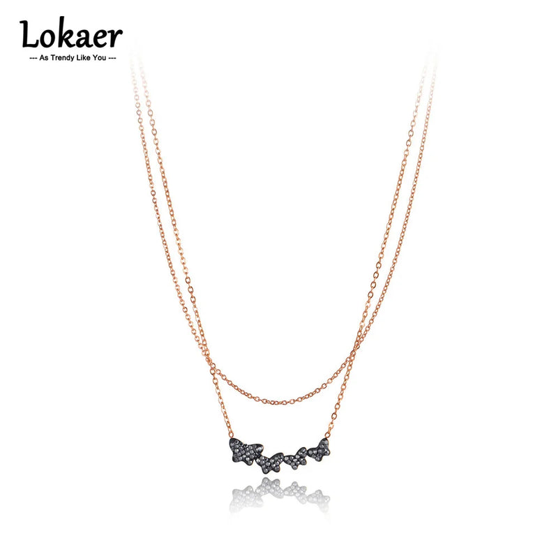 Lokaer Titanium Stainless Steel Crystal Butterfly Charm Pendant Necklaces Bohemia Double Layer Animal Necklace For Women N21173