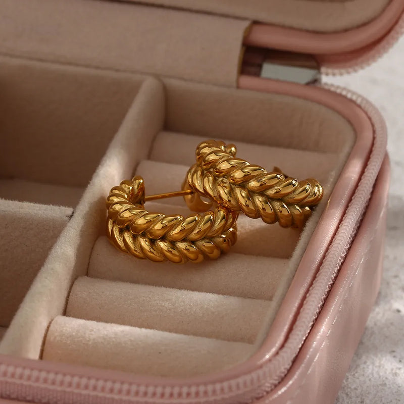 High End Fashion Tarnish Free Funky Earrings18K Gold Plated Stainless Steel Wheat Grain Aesthetic Hoop Earrings For Women