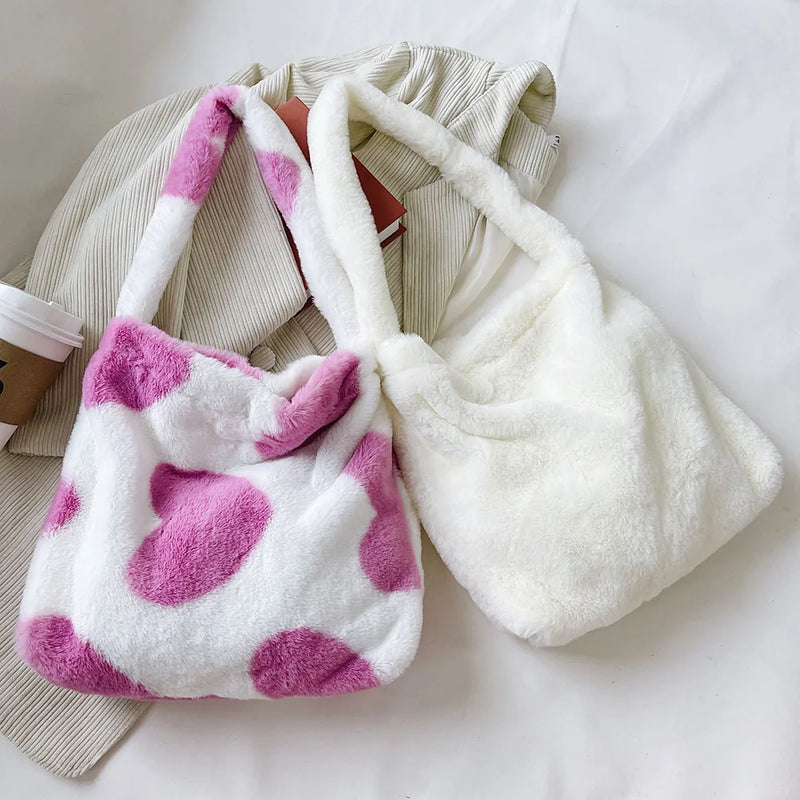 Fluffy Women's Girls Portable Plush Female Handbag 2021 Autumn Winter Shoulder Clutches Retro Animal Printed Street Travel Bags