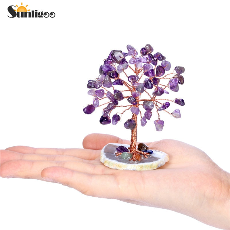 Sunligoo Super Mini Crystal Money Tree Copper Wire Wrapped W/ Agate Slice Base Healing Gemstone Yoga Feng Shui Trees Home Decor