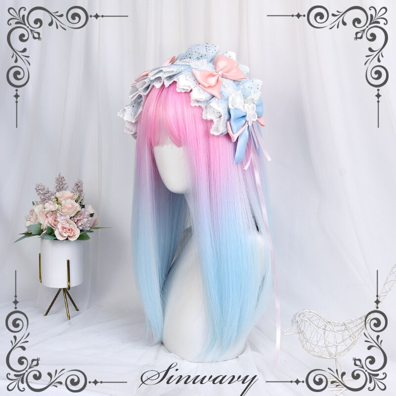 Gradient Pink Blue Lolita Wig Creamy Neon Women Harajuku Long Straight Hair Cute Bangs Adult Chic Girls Cosplay Daily Wear