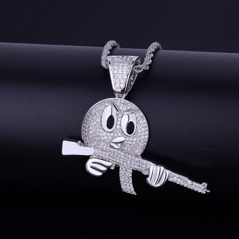 Cartoon Round Face With Gun Necklace &amp; Pendant Gold Color Cubic Zircon Men&