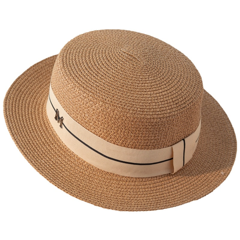 Women Straw Hats Panama Wide Brim Jazz Hat Summer Hat Ladies Sun Hat Simple Flat Top Hat