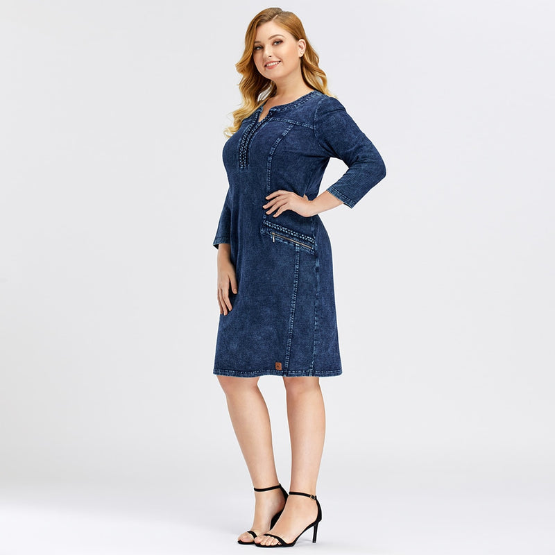 LIH HUA Women's Plus Size Denim Dress Elasticity  Knitted Denim Dresses Slim Fit Casual Dress Shoulder Pads Midi Dress