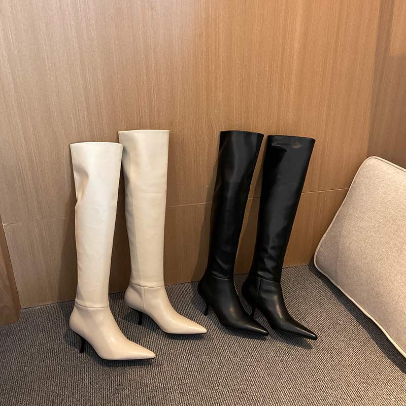 Krazing Pot 2022 Genuine Leather Pointed Toe High Heels Slip on Winter Shoes Nightclub Party Pleated Solid Knee High Boots L85