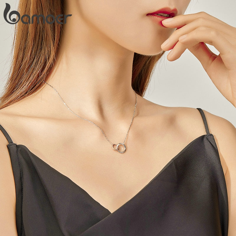 bamoer Double Circle Chain Necklace for Women Rose Gold Color 925 Sterling Silver Miss &amp; Love Wedding Fine Jewelry BSN159