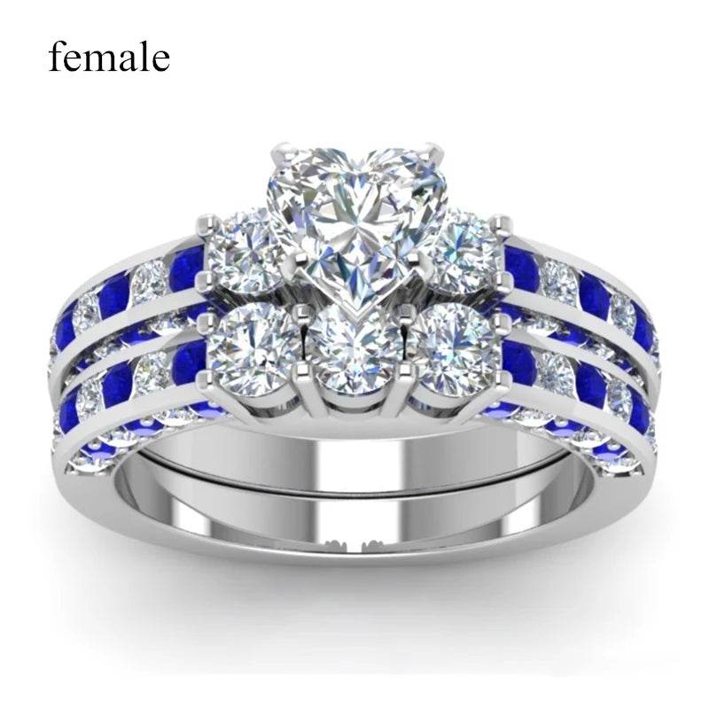 Couple Rings - Men's 8mm Blue Stainless Stee Ring Women's Blue Ring 2.0ct Heart Crystal Bridal Wedding Engagement Jewelry Gift