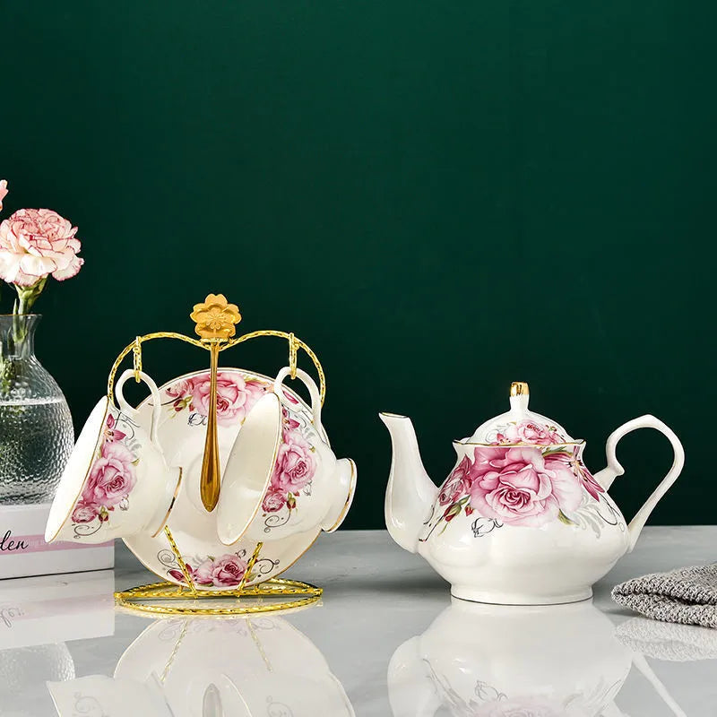 European Bone China Tea Set English Afternoon Tea Cup Set Teapot High-Grade Porcelain Coffee Pot 1 TeaPot 2 Cups and Saucers