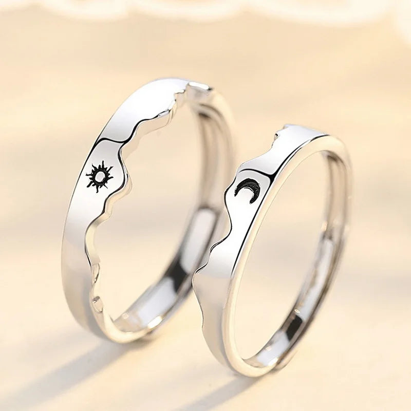 2 PCS/Set Couple Rings For Women Sun Moon Butterfly Deer Dolphin Wings Electrocardiogram Cross Matching Jewelry Finger Open Ring