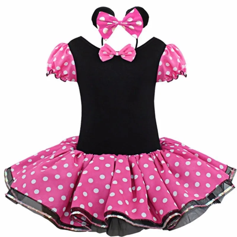 Disney New Girl Minnie Dot Bubble Sleeve Tutu Dress Halloween Christmas Sweet and Cute Ballet Dress with Hair Hoops