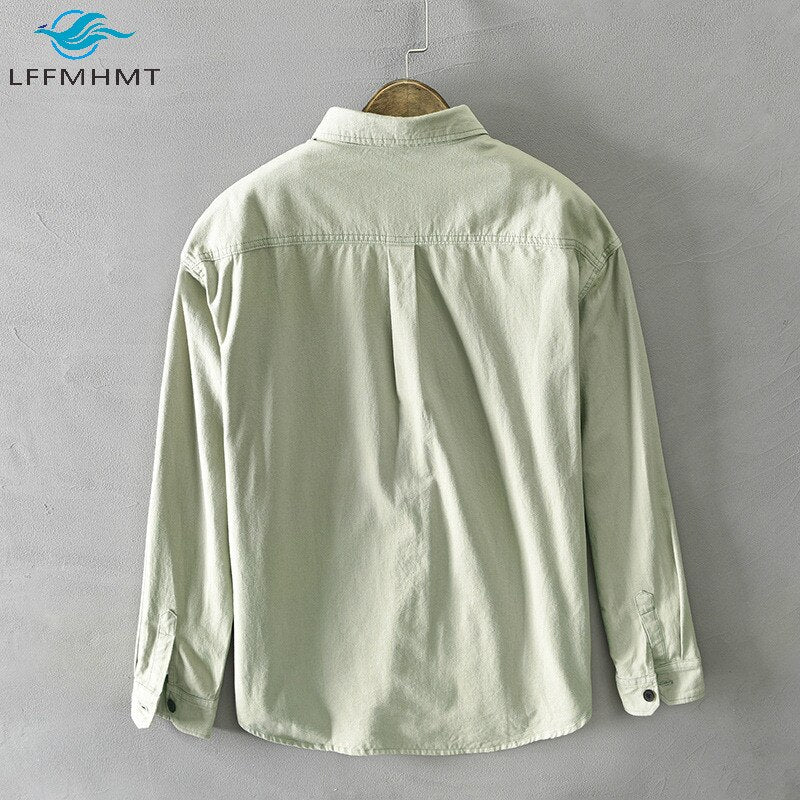 Men Spring Fall Korean Style 100% Cotton Top Quality Shirt Male Casual Loose Long Sleeve Lapel Tops Double Pocket Trendy Outwear