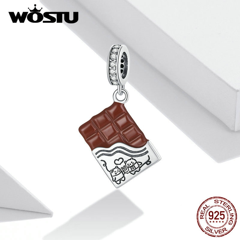 WOSTU Original 925 Sterling Silver Chocolate Love Charm Dazzling CZ Bead Pendant Fit Silver Bracelet Necklace Jewelry CQC1782