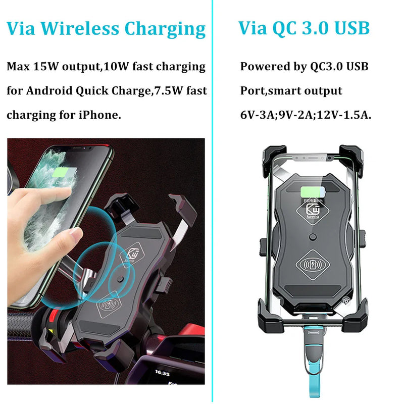 ACCNIC Waterproof 12V Motorcycle Wireless Charger Phone Mount with QC3.0 USB Fast Charge Phone Holder for 3.5-6.5 inch cellphone