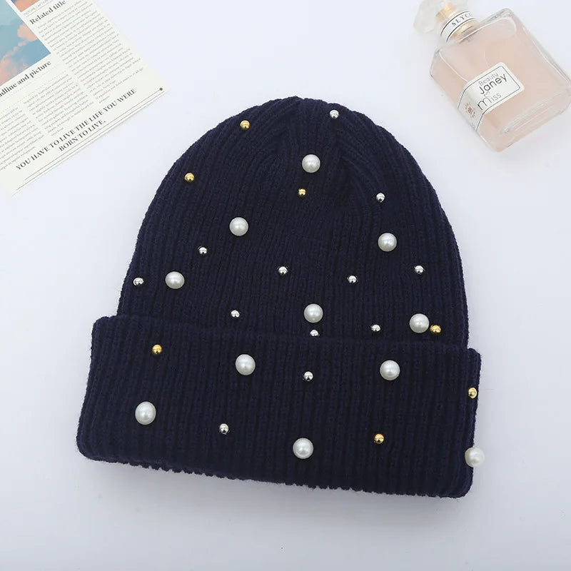 Winter Knitted Beanie Women Fashion Rhinestone Pearls Knitting Hats Ladies Casual Skullies Cap Female Solid Color Casual Bone