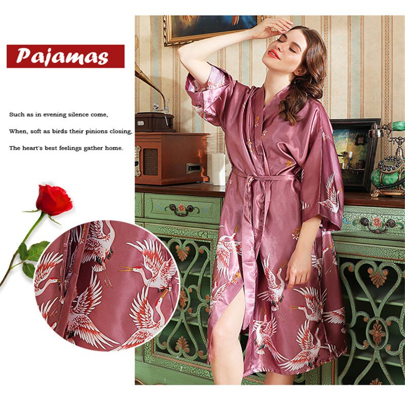 Japanese Style Long Loose Satin Peacock Woman Yukata Dress Pajamas Oriental Crane Kimono Haori Chinese Qipao Nightgown Robe