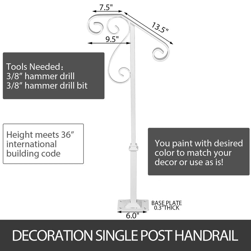 SucceBuy Single Post Handrail Wrought Iron Post Mount Step With Base Plate Fits 1Or2 Steps Grab Rail Single White/Gray Railing