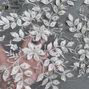 Ivory Luxury Beaded Applique Bridal Lace Fabric Silver Embroidery Flowers and Leaves Sequins High-end Dress Fabric Lace RS3104
