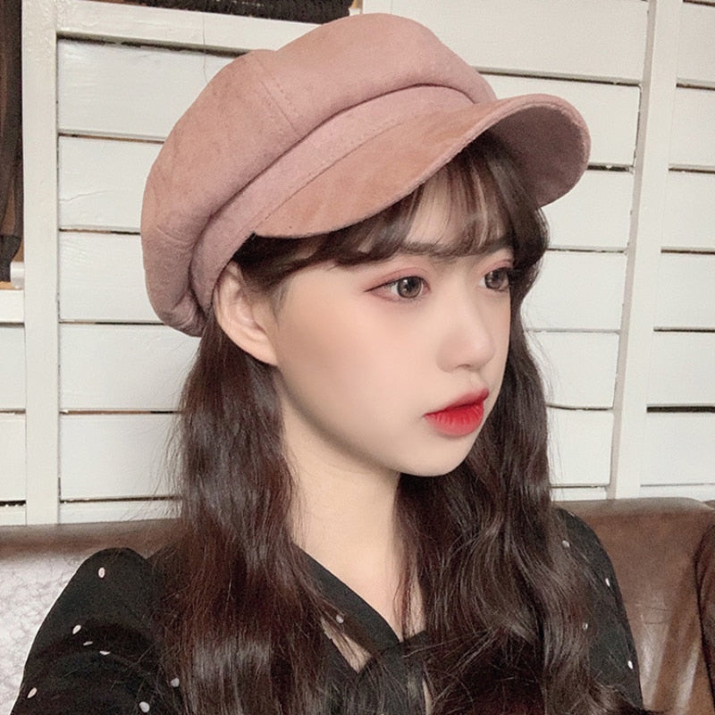 HT2892 Women Hat Retro Octagonal Newsboy Cap Ladies Solid Plain Suede Beret Hat Female Vintage Artist Painter Hat Women Berets