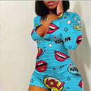 Sexy Women V-neck Bodycon Sleepwear Jumpsuit Bodysuit Shorts Romper Bodysuit Leotard Long Sleeve Lips Print Button Bodysuit
