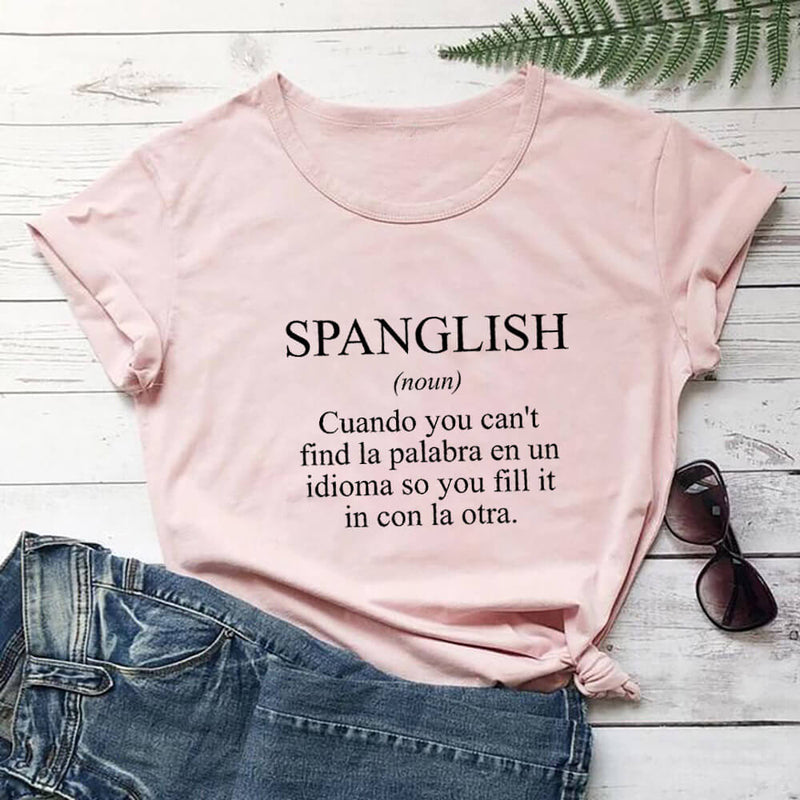 SPANGLISH Shirt Mexican Shirts Summer Women's Latina T Shirt 100%Cotton Funny Casual O-Neck Short Sleeve Top Spanish teacher Tee