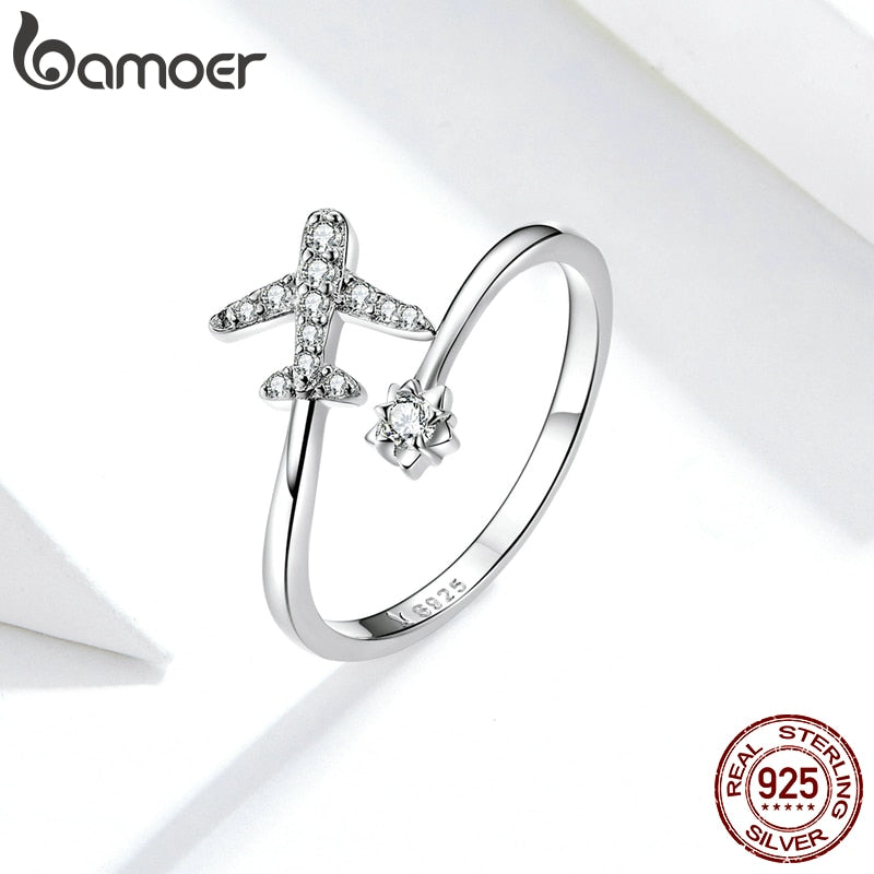 bamoer Genuine 925 Sterling Silver Flying Plane Open Finger Rings for Women Clear CZ Adjustable Rings Fine Jewelry Bijoux SCR623