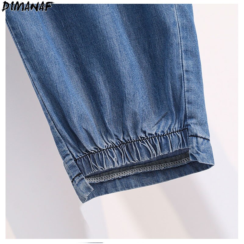 DIMANAF Women Jeans Pants High Waist Denim Harem Female Elastic Drawstring Pockets Blue Trousers Fall Solid Basic Women Jeans