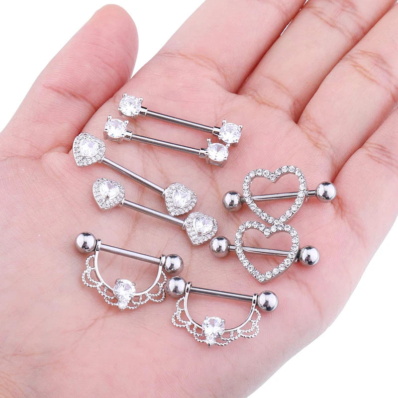 4Pairs Gold Color Butterfly Heart Flower Nipple Ring Sets 14G Stainless Steel Dangled Shield Barbell for Women Nipple Piercing