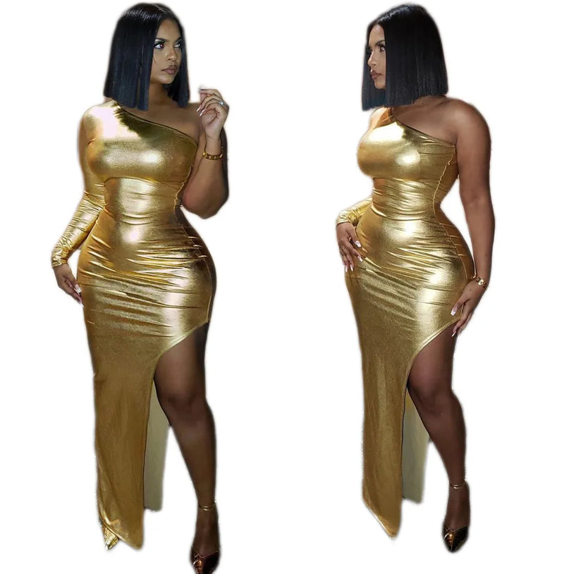 Echoine Sexy Skinny One Shoulder Split Party Dress Women Bodycon Birthday Dresses Gold Evening Club Vestidos Robe