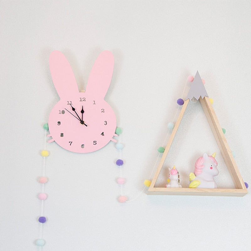 Kids Room Wood Bunny Clock For Baby Boy Girl Room Decoration Nordic Style White Pink Rabbit Wall Clocks Children Room Decor