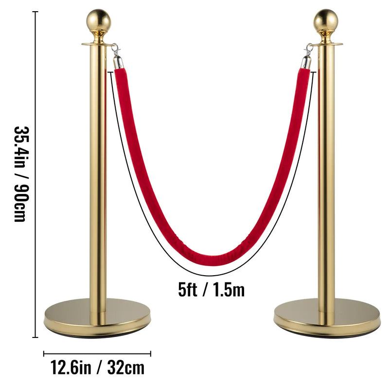 SucceBuy 35.4 Inch Gold/Silver Crowd Control Stanchion Posts Queue Red/Black Velvet Rope Line Barrier w/ Stable Base for Stadium